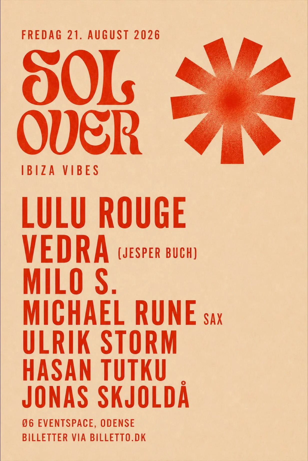 SOL OVER lineup-plakat fra fredag 21. august 2026
